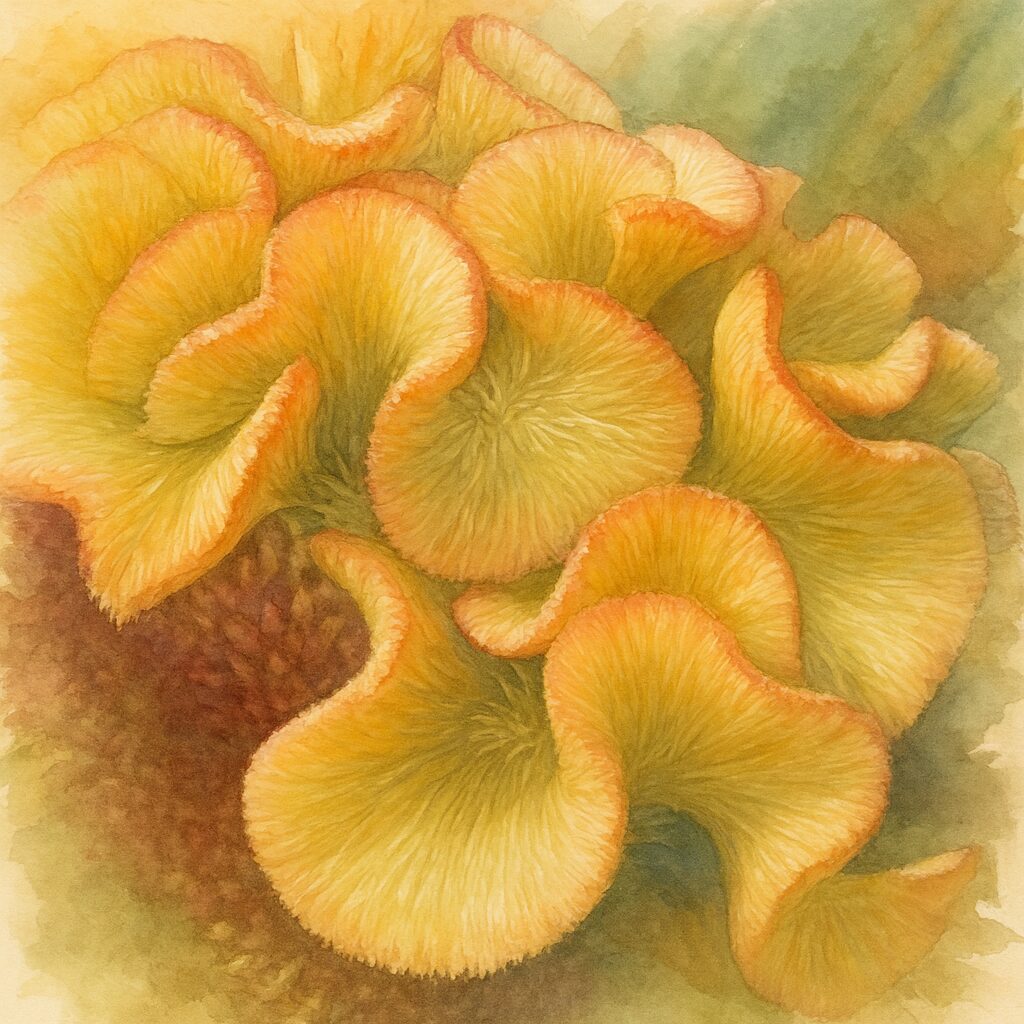 ケイトウの花の植物画イラスト｜黄色とオレンジのグラデーションを写実的に描いた鶏冠状の花