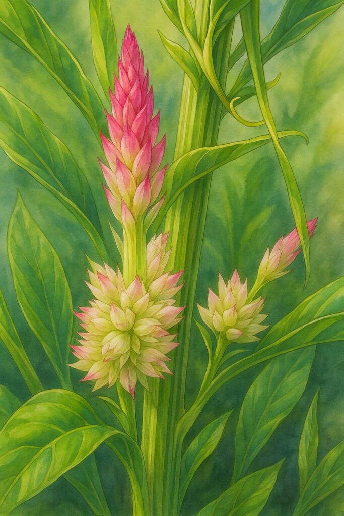 ケイトウの花穂を精密に描いたボタニカルイラスト｜緑の葉と茎に囲まれた淡いピンクと白の花