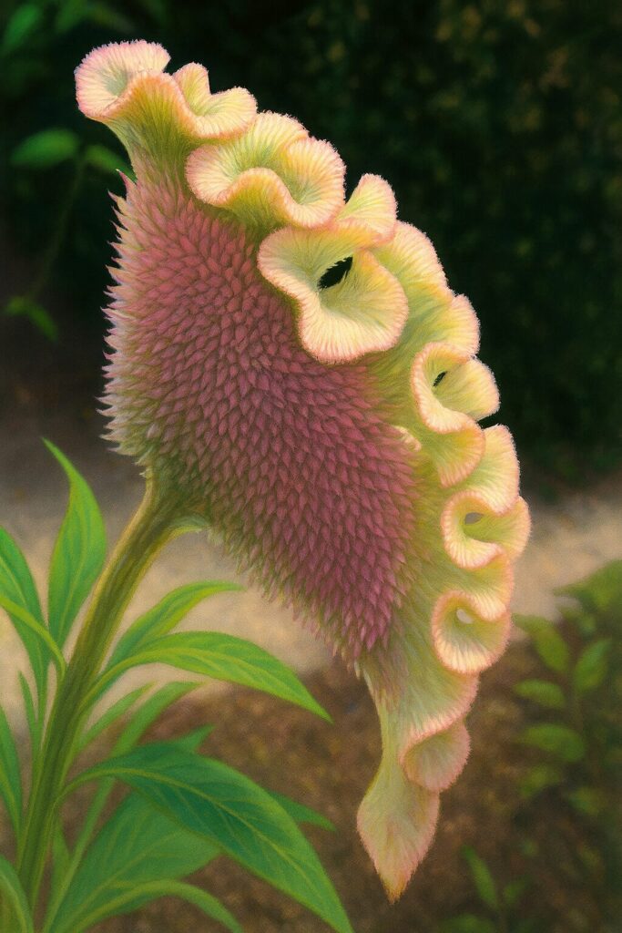 ケイトウの鶏冠状の花を精密に描いたボタニカルイラスト｜波打つ花弁と質感をリアルに表現