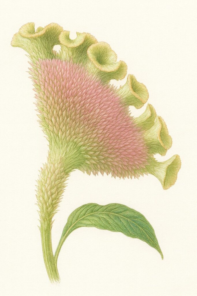 ケイトウの鶏冠状の花を精密に描いたボタニカルイラスト｜ピンクの密集花と緑の縁をリアルに表現