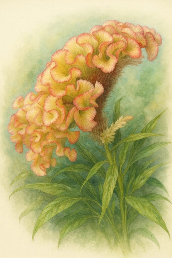 黄とピンクの波打つ花弁と緑の葉を写実的に描いたケイトウのボタニカルイラスト