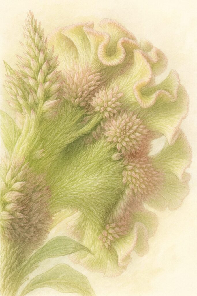 淡いピンクと緑の細かい蕾と波打つ花弁を繊細に描いたケイトウのボタニカルイラスト