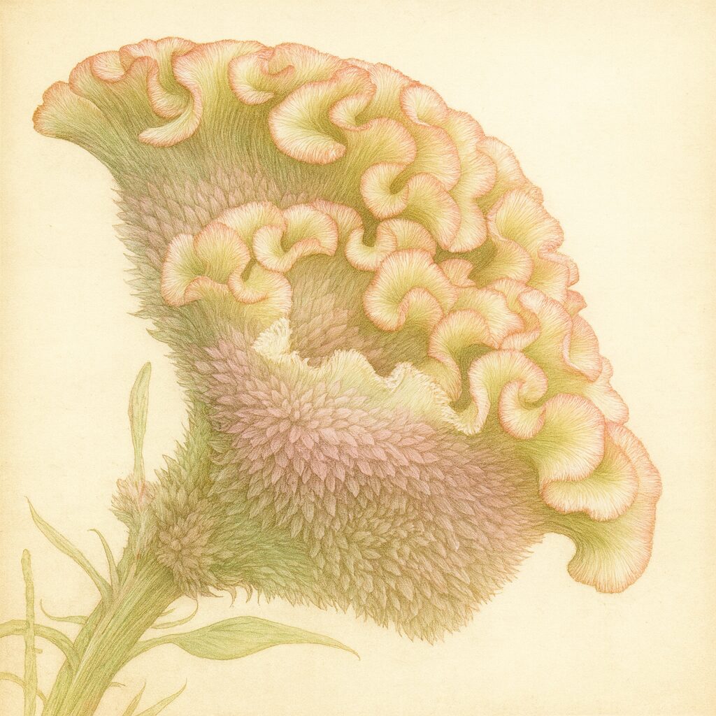 ピンクと黄緑のグラデーションが美しい花弁を丁寧に描いたケイトウのボタニカルイラスト