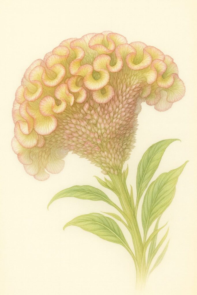 ピンクと黄緑の波打つ花弁を繊細に描いたケイトウのボタニカルイラスト