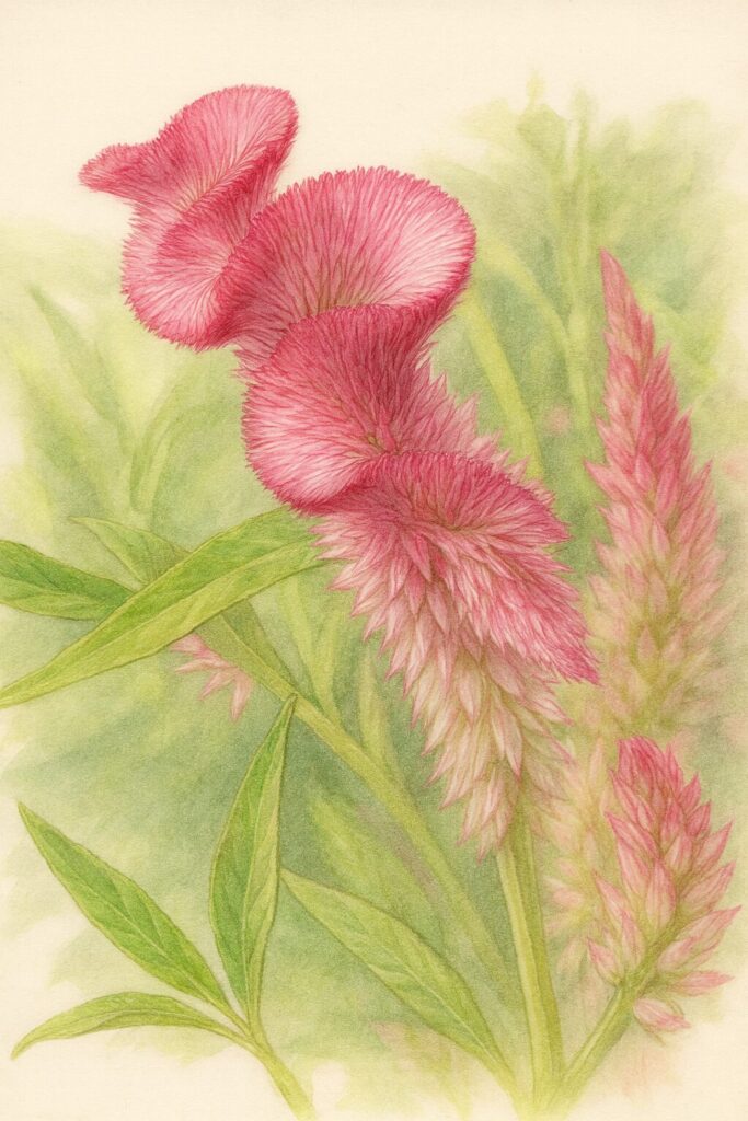 濃いピンクと白の波打つ花弁と緑の葉を写実的に描いたケイトウのボタニカルイラスト