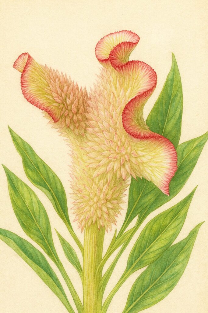 ピンクから黄緑へと色づく波打つ花弁を緻密に描いたケイトウのボタニカルイラスト