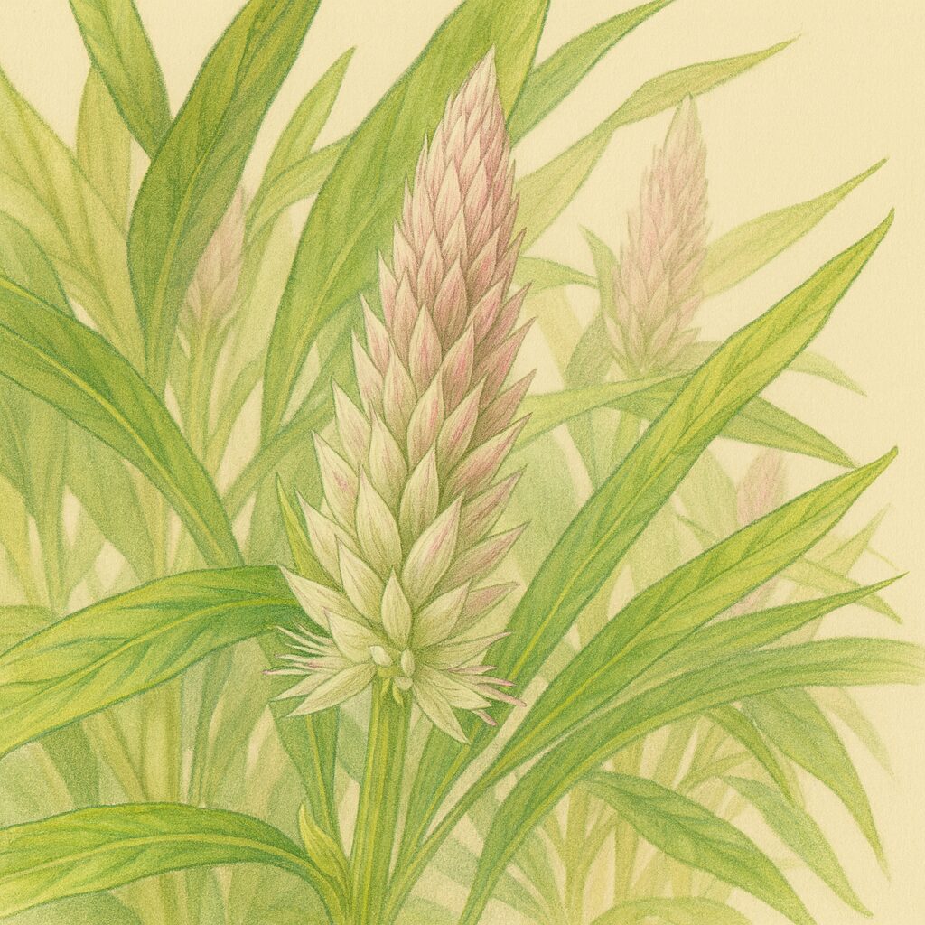 淡いピンク色の円錐状花穂と緑の葉を精緻に描いたケイトウのボタニカルイラスト