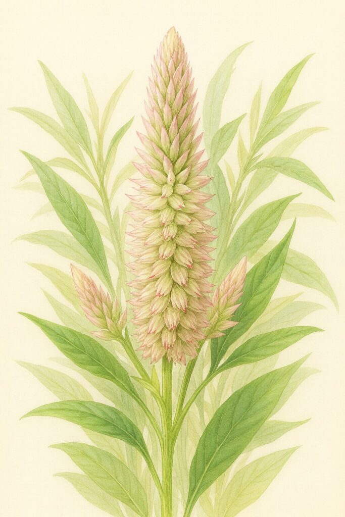 淡いピンクと黄緑の花穂と細長い葉を写実的に描いたケイトウのボタニカルイラスト