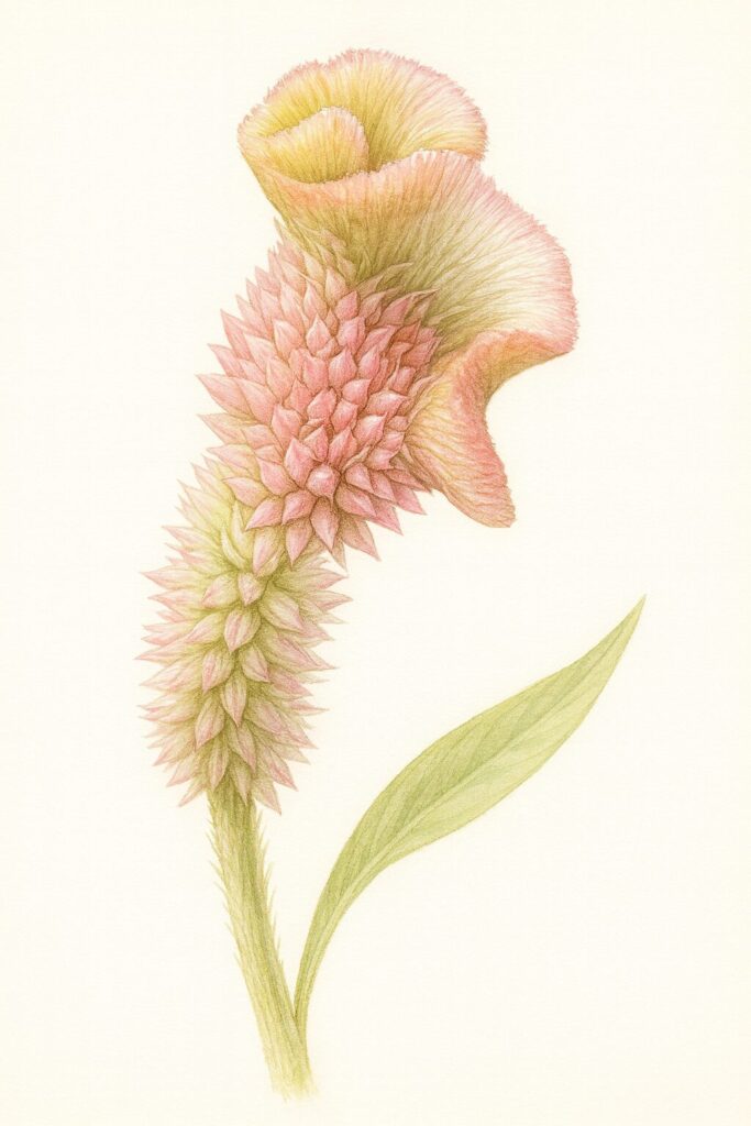 淡いピンクと黄緑のグラデーションが美しい花弁を精細に描いたケイトウのボタニカルイラスト