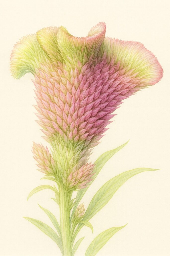 ピンクと緑のグラデーションが際立つ花弁と葉を緻密に描いたケイトウのボタニカルイラスト