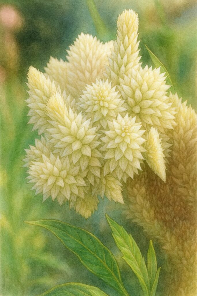 白から淡い黄色へグラデーションする小花の集合を緻密に描いたケイトウのボタニカルイラスト