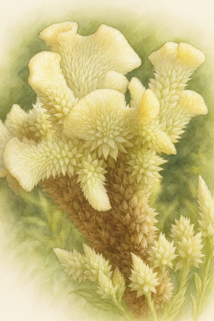 淡い黄色と白の花弁が立体的に重なる姿を精緻に描いたケイトウのボタニカルイラスト