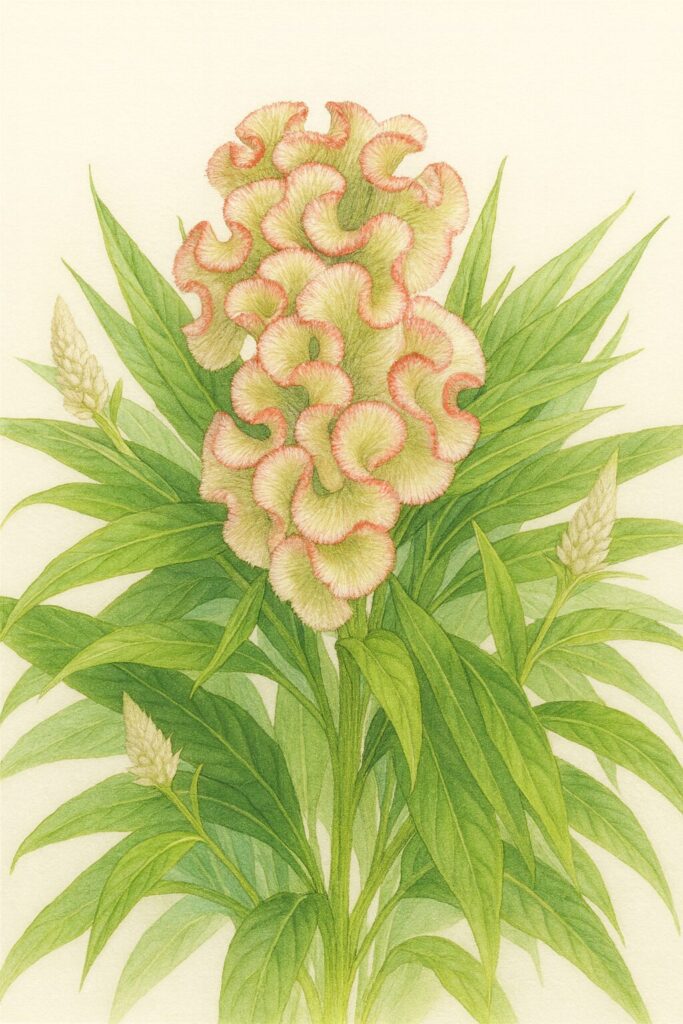 ピンクとクリーム色の花と緑の葉を写実的に描いたケイトウのボタニカルイラスト