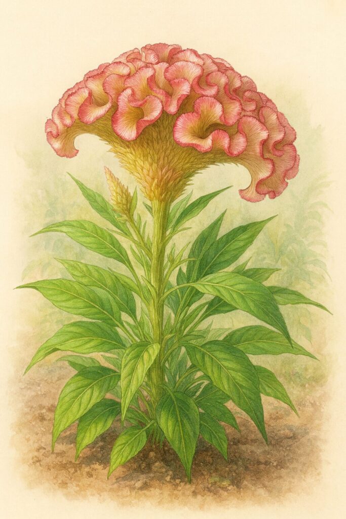 ピンクとクリーム色の花と緑の葉を写実的に描いたケイトウのボタニカルイラスト