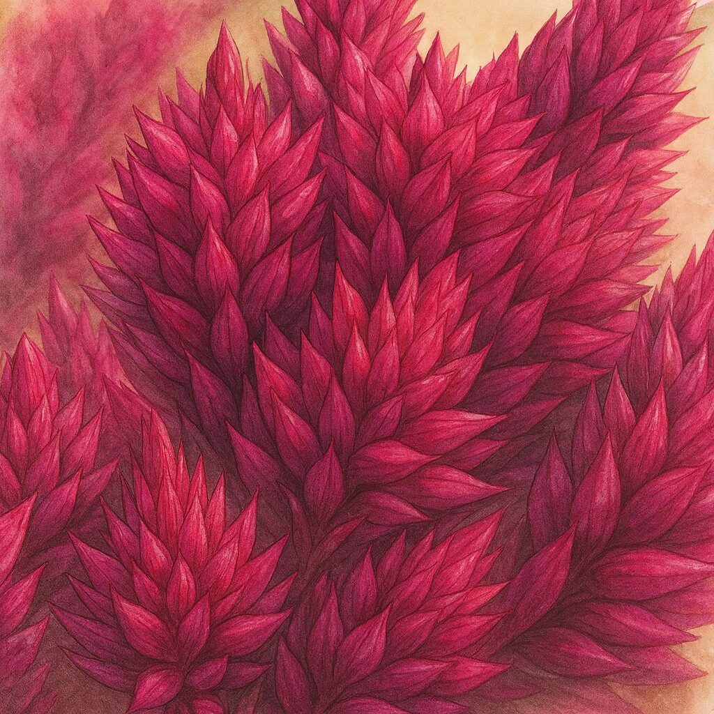 マゼンタ色の花穂を精緻に描いたケイトウのボタニカルイラスト