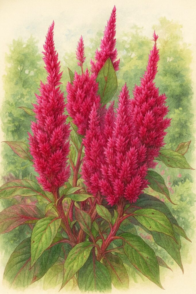 濃いマゼンタ色の花穂と緑の葉を写実的に描いたケイトウのボタニカルイラスト