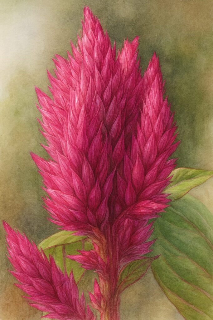 鮮やかなマゼンタ色の花穂と葉を緻密に描いたケイトウのボタニカルイラスト