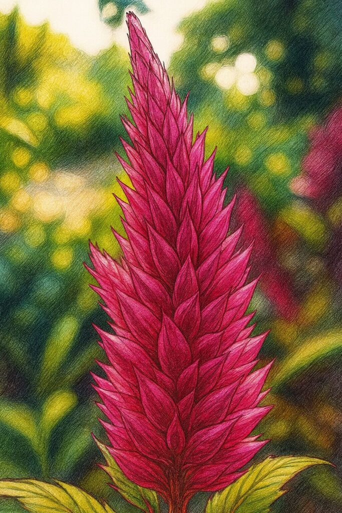 鮮やかなピンク色の細長い花穂を写実的に描いたケイトウのボタニカルイラスト