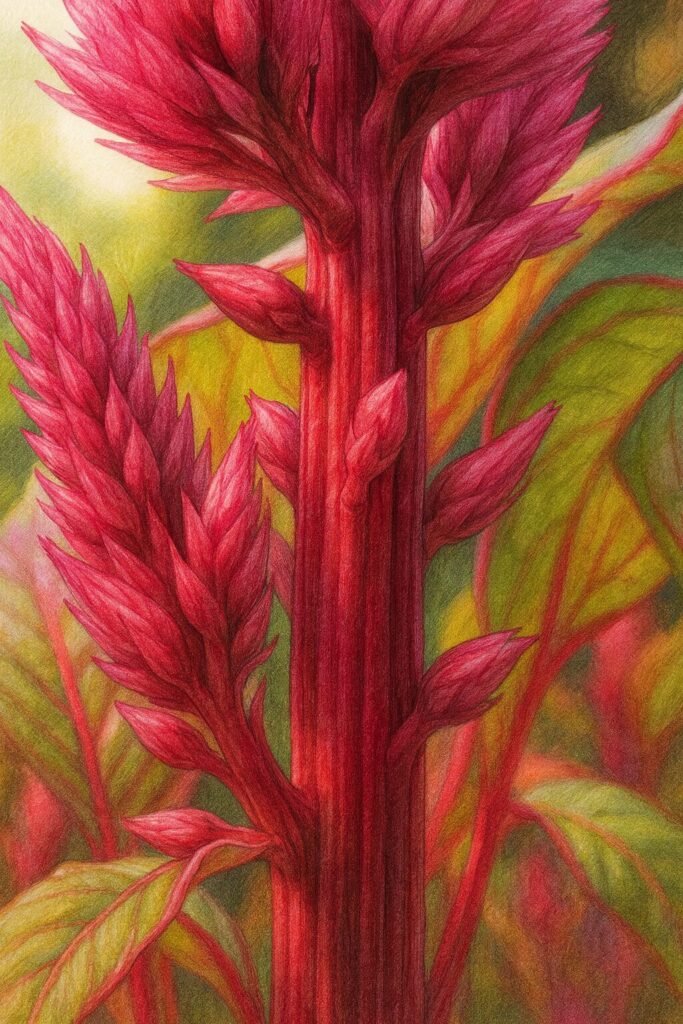 プロが描いたケイトウのリアルなイラスト、赤い茎に沿って咲く鮮やかなピンクの花穂が際立つデザイン