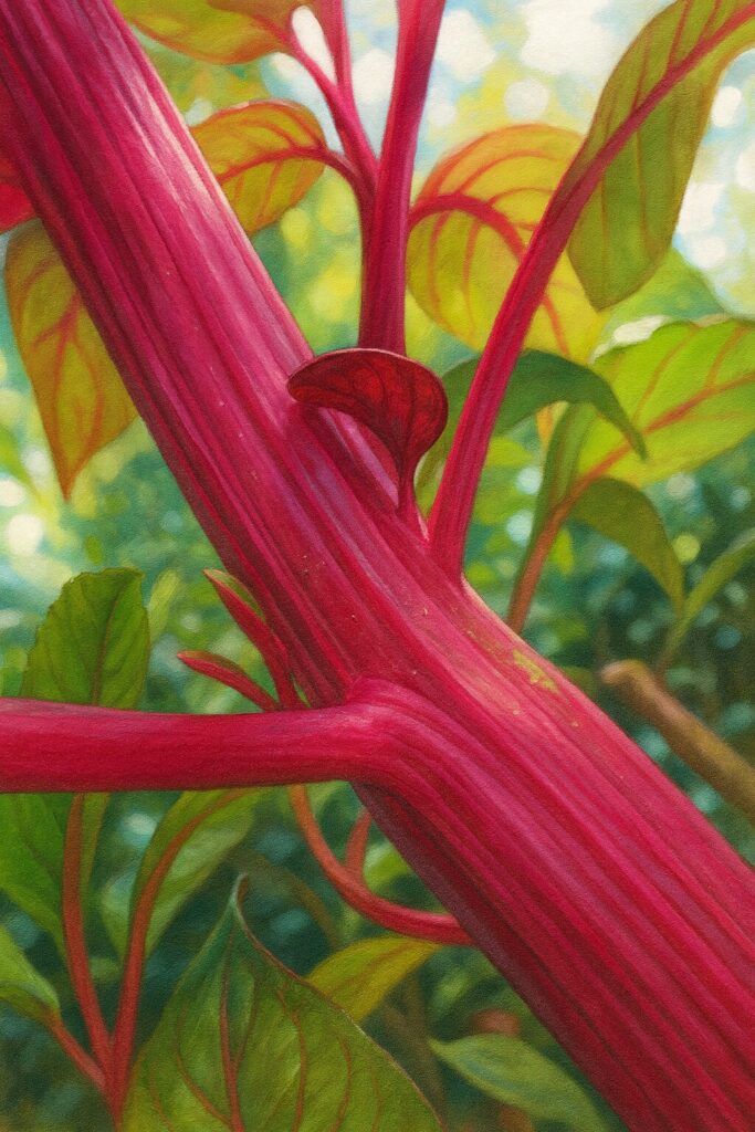 プロが描いたケイトウのボタニカルイラスト、赤紫の茎と黄緑の葉が柔らかい光に包まれたリアルな描写