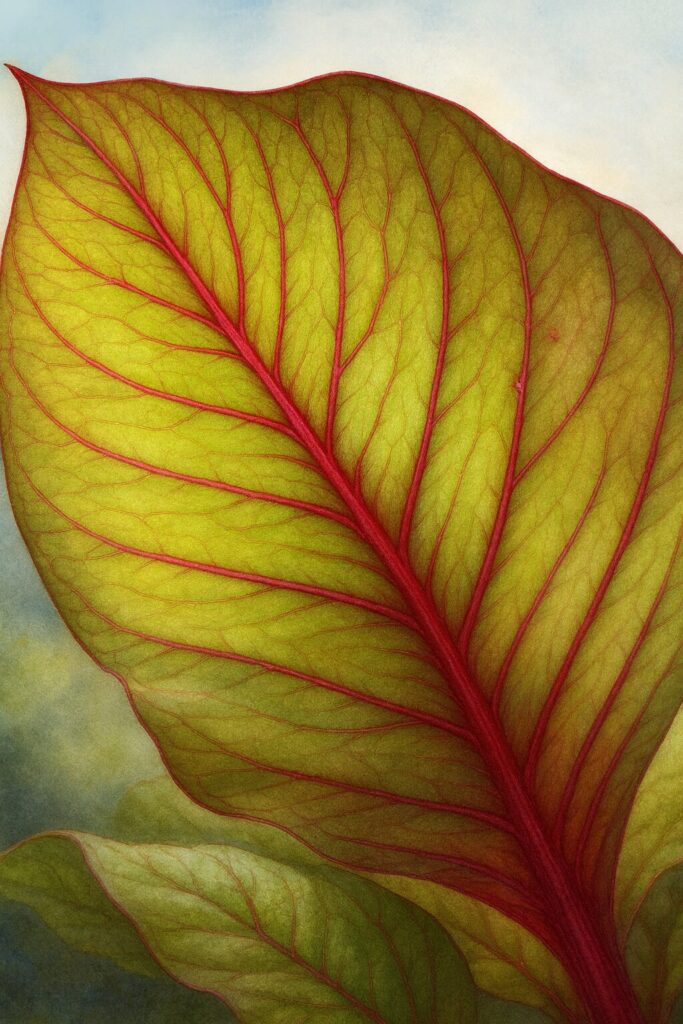 プロが描いたケイトウの葉のリアルなイラスト、緑地に赤い葉脈が美しく際立つデザイン