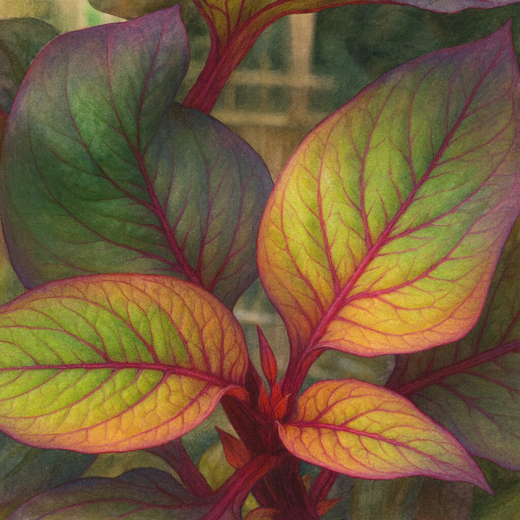 プロが描いたケイトウのリアルなボタニカルイラスト、緑から黄赤へとグラデーションする葉と赤い葉脈が美しく際立つデザイン