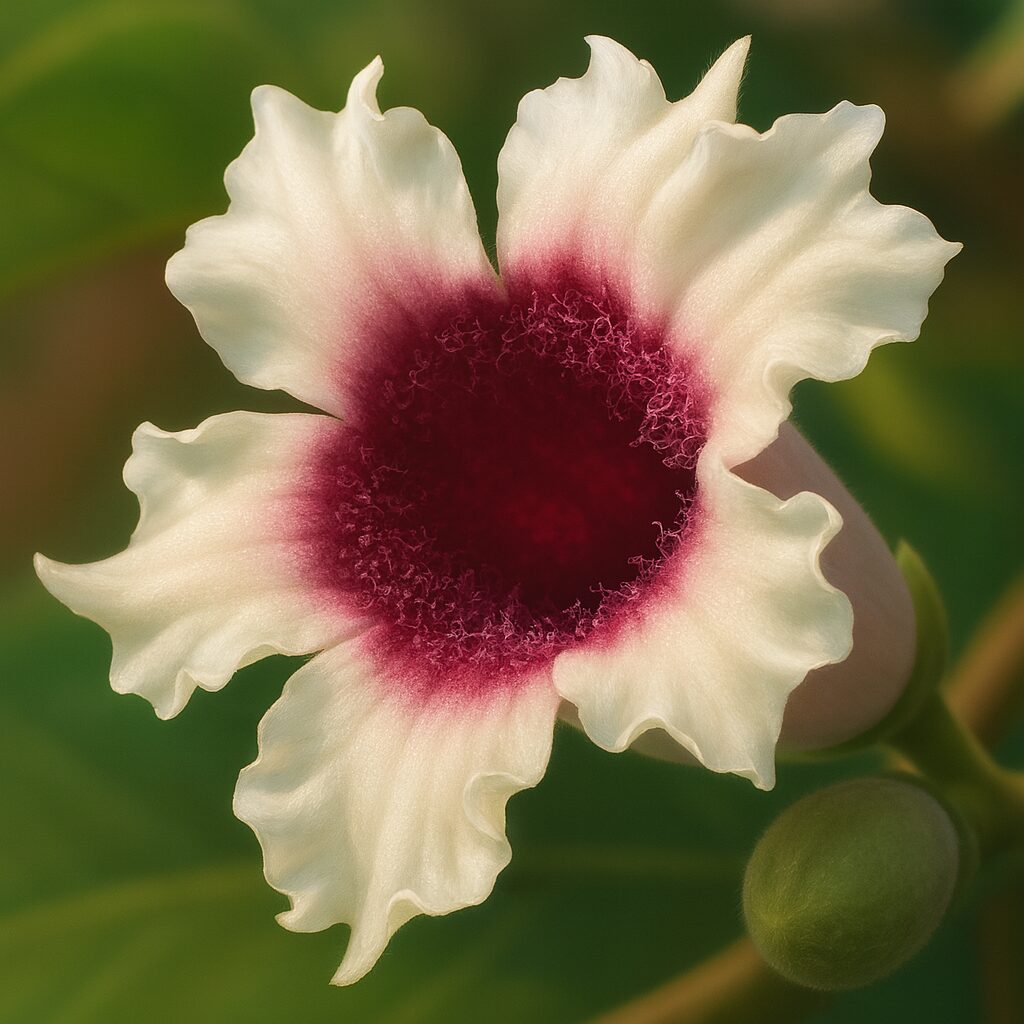 サオトメカズラの花を描いたボタニカルイラスト、白い花弁と深紅の中心がリアルに表現されている