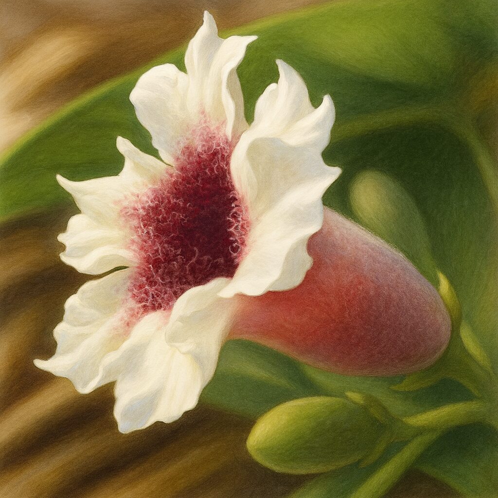 サオトメカズラの花を横から描いたボタニカルイラスト、白い花弁と深紅の中心、蕾と葉もリアルに表現