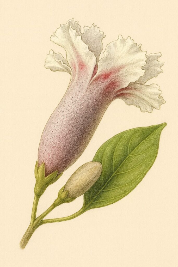 サオトメカズラの花を横から描いたボタニカルイラスト、細かい毛のある筒状の花と白い花弁がリアルに表現されている