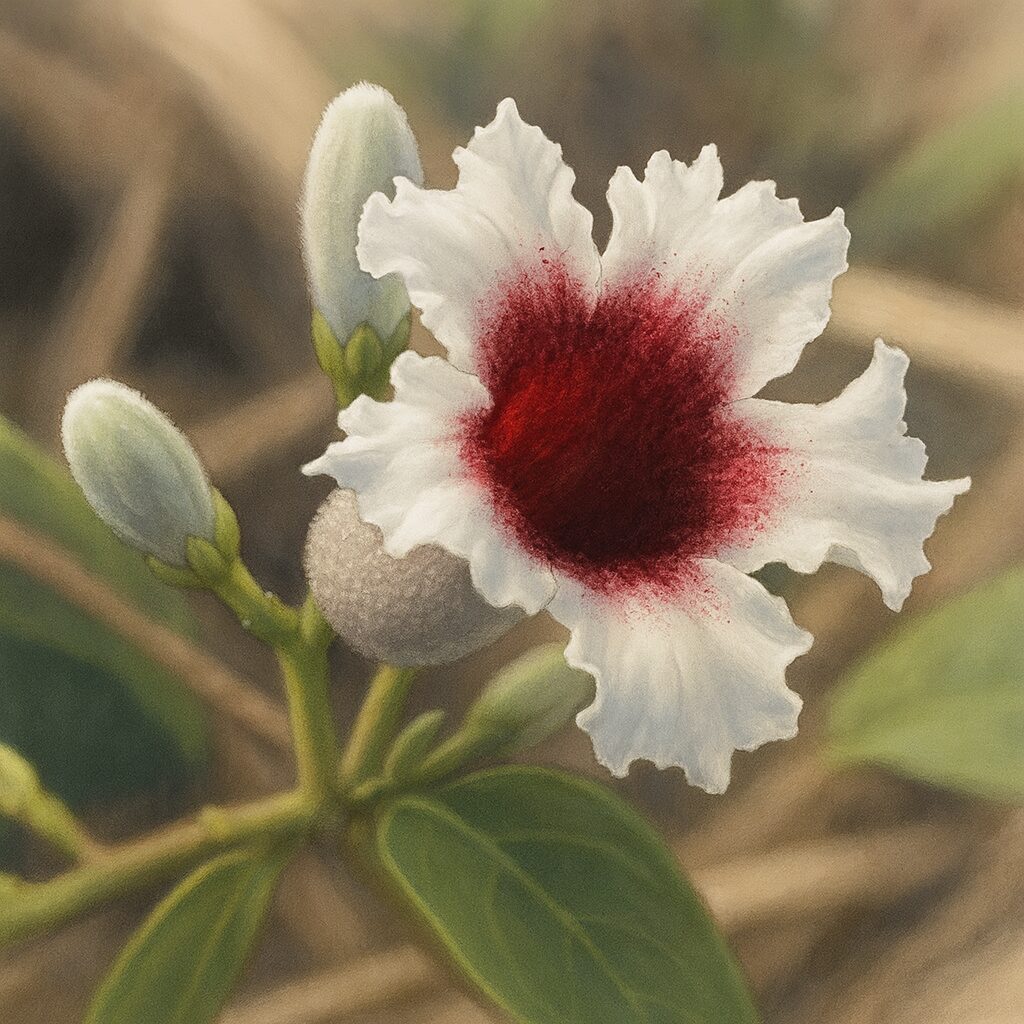 サオトメカズラの花を正面から描いたボタニカルイラスト、白い花びらと濃い赤色の中心、周囲の蕾と葉も丁寧に表現