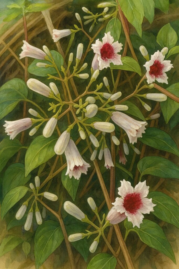 サオトメカズラの群生を描いたボタニカルイラスト、白い筒状の蕾と赤い中心の花がリアルに表現されている