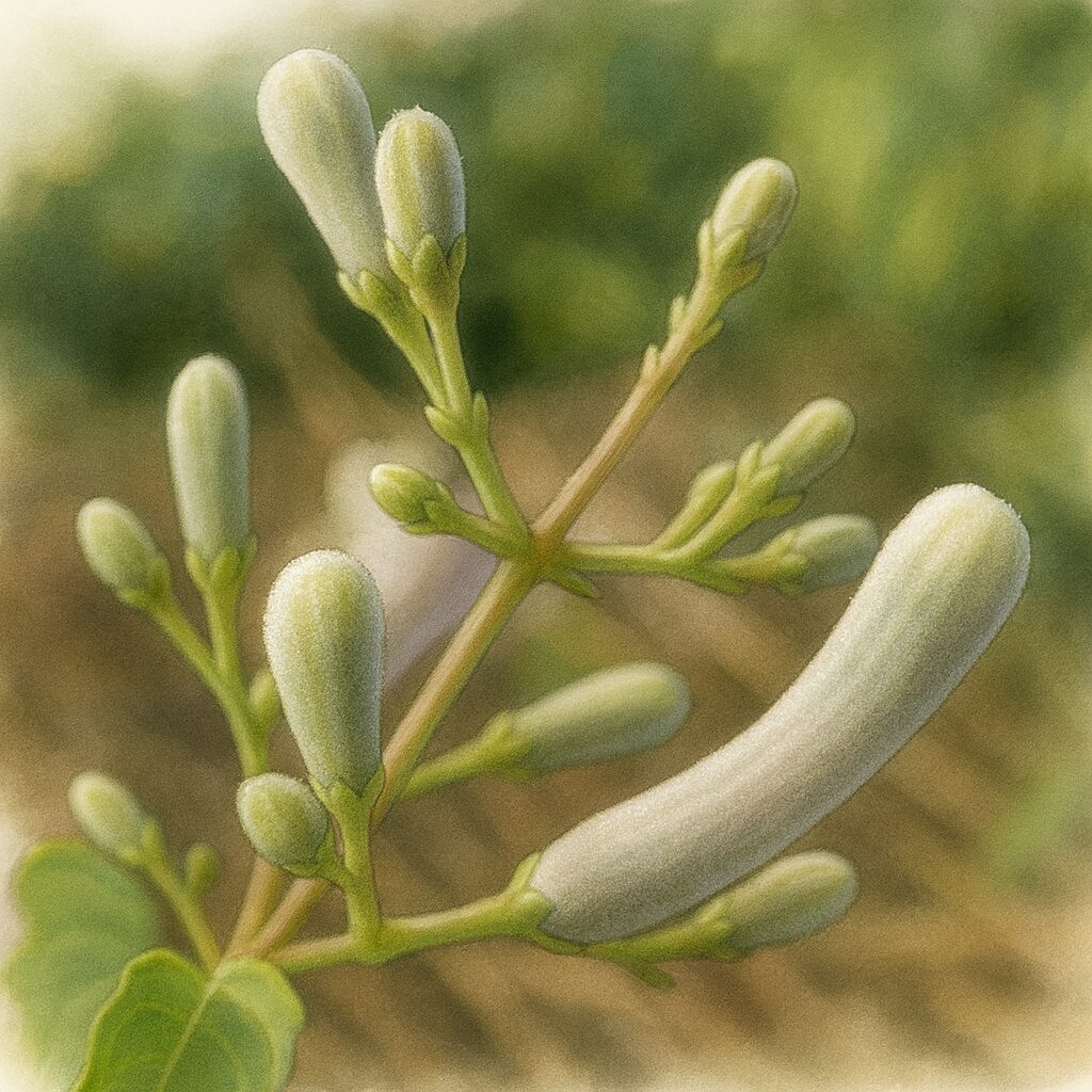 サオトメカズラの蕾を描いたボタニカルイラスト、細長い白い蕾と緑の茎がリアルに表現されている