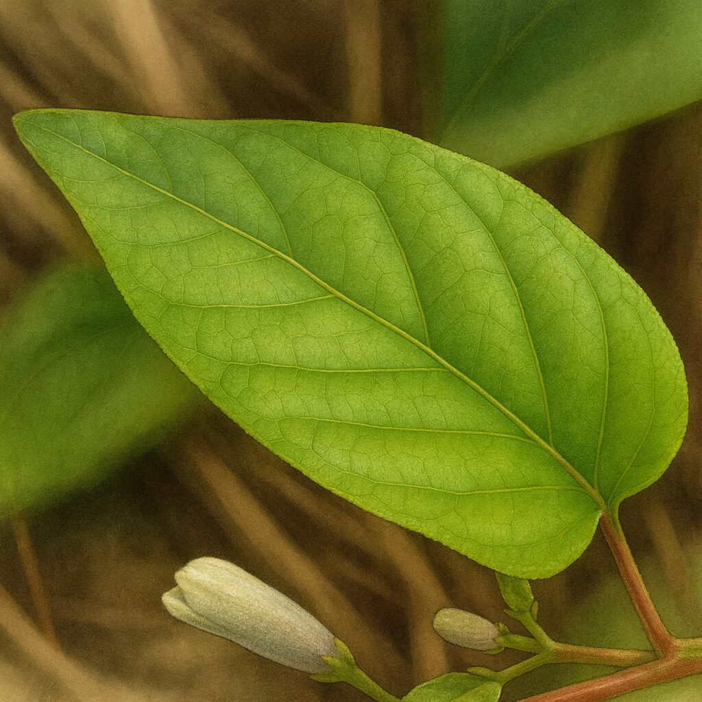 サオトメカズラの葉を描いたボタニカルイラスト、明るい緑色と細かい葉脈がリアルに表現されている