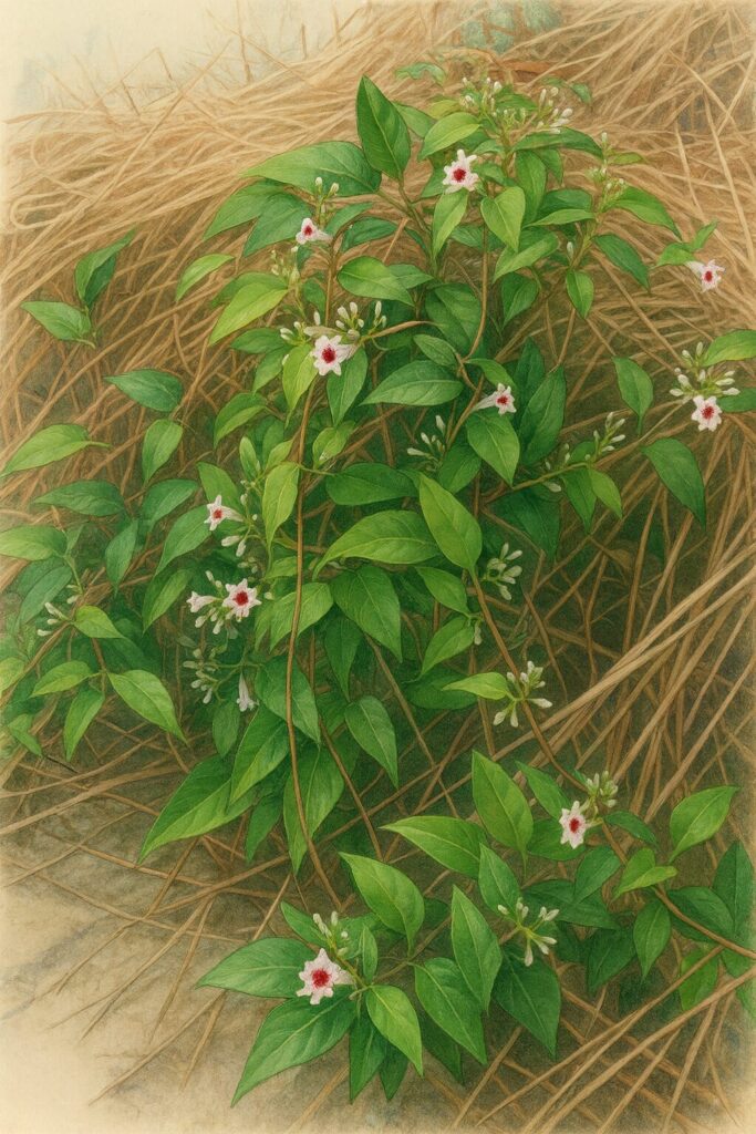 サオトメカズラの群生を描いたボタニカルイラスト、赤紫の中心を持つ白い花とつる状に伸びる緑葉が精密に表現されている