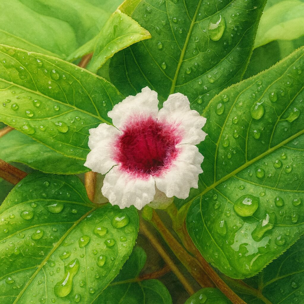 雨に濡れたサオトメカズラの花を描いたボタニカルイラスト、白い花弁と深紅の中心、葉に滴る水滴がリアルに表現されている