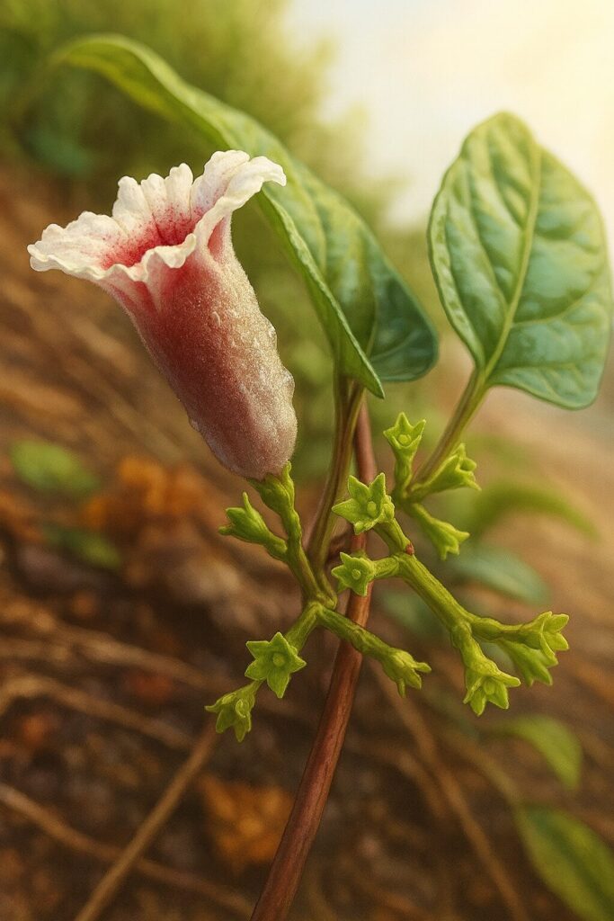 サオトメカズラの花を横から描いたボタニカルイラスト、赤紫色の筒状部分と白い花弁、緑の蕾と葉が精密に表現されている