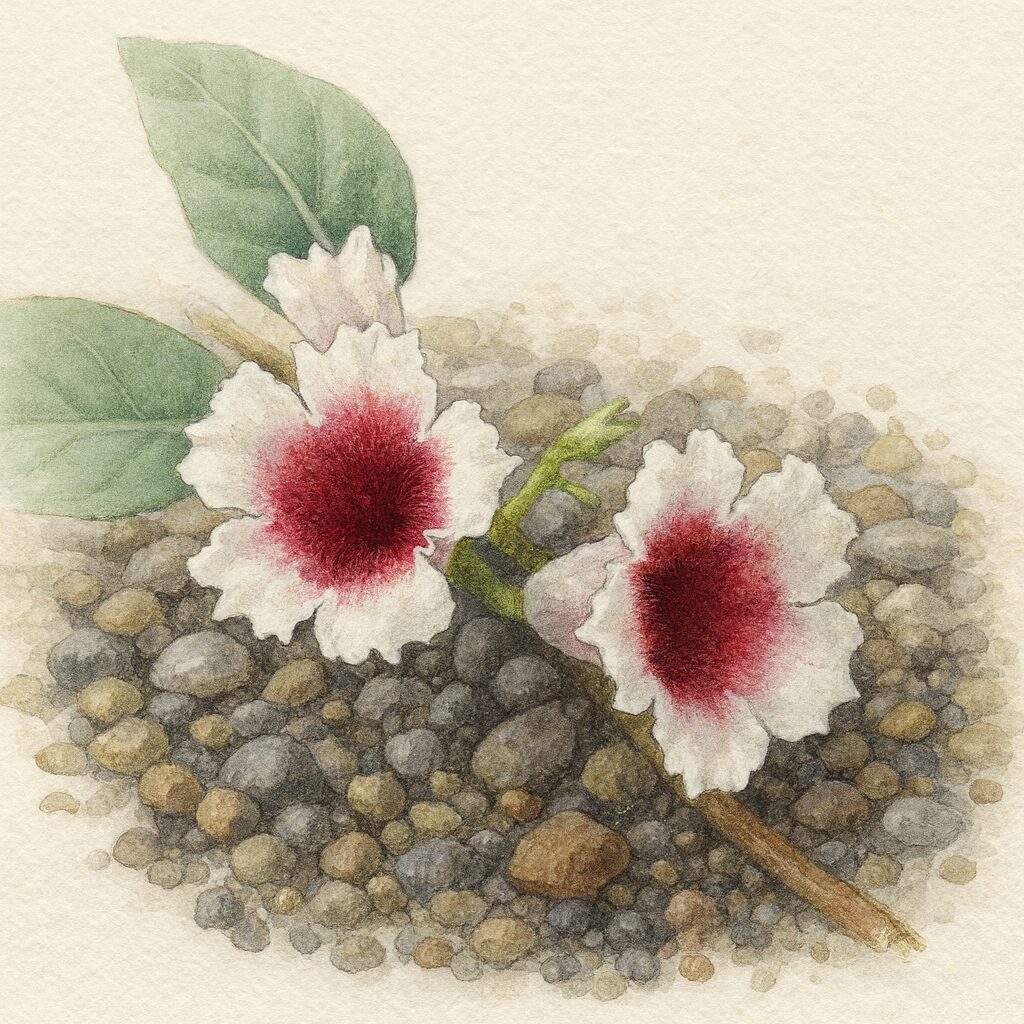 地面に咲くサオトメカズラの花を描いたボタニカルイラスト、白い花弁と深紅の中心が2輪並び精密に表現されている