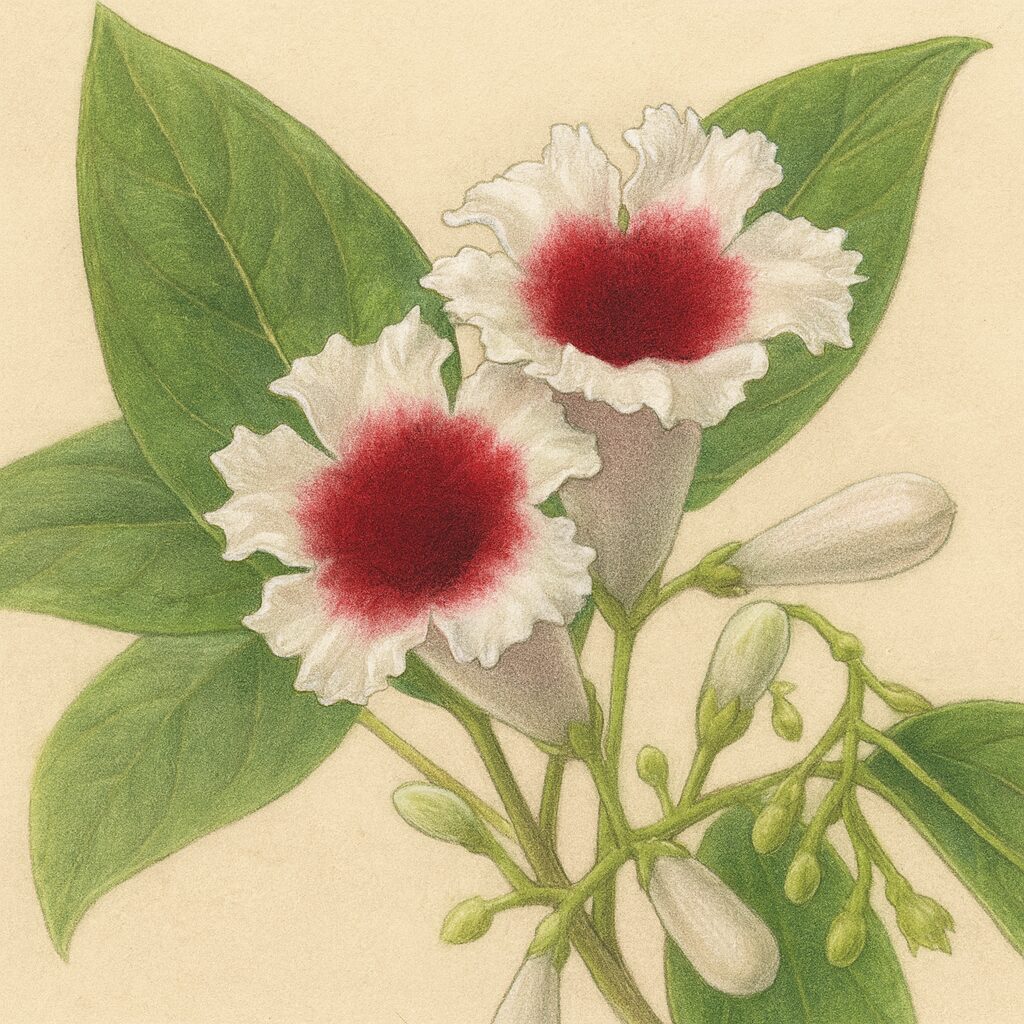 サオトメカズラの花を描いたボタニカルイラスト、白い花びらと赤い中心の花が2輪並び、蕾と葉が精密に表現されている