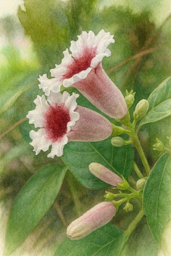 サオトメカズラの花を横から描いたボタニカルイラスト、白い花びらと赤い中心が2輪並び、蕾や葉が精密に表現されている