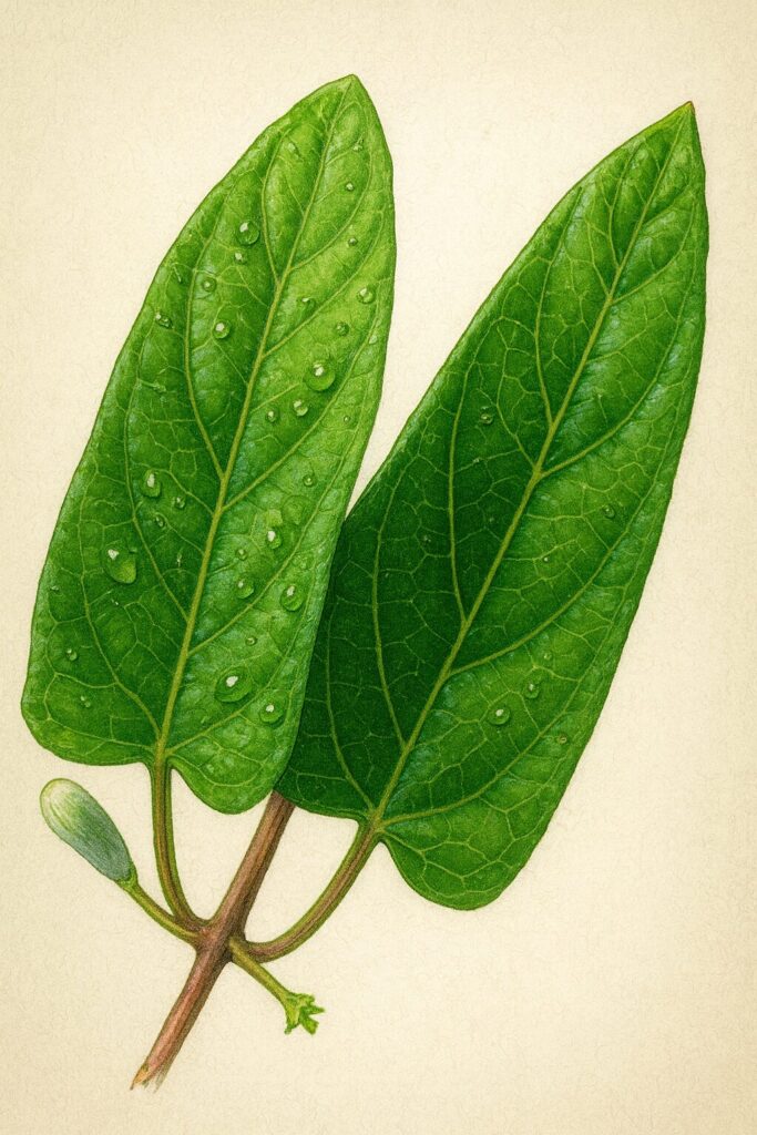 サオトメカズラの葉を描いたボタニカルイラスト、鮮やかな緑色の葉と葉脈、水滴の質感が精密に表現されている