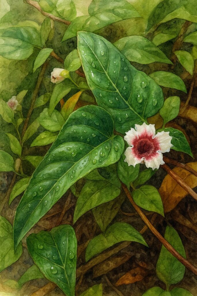 サオトメカズラの花と葉を描いたボタニカルイラスト、白い花びらと深紅の中心、葉に水滴が乗る様子がリアルに表現されている