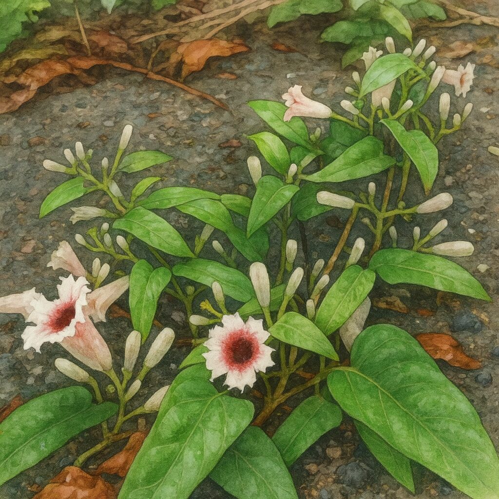 サオトメカズラの群生を描いたボタニカルイラスト、白い蕾と深紅の中心を持つ花が地面に広がり精密に表現されている