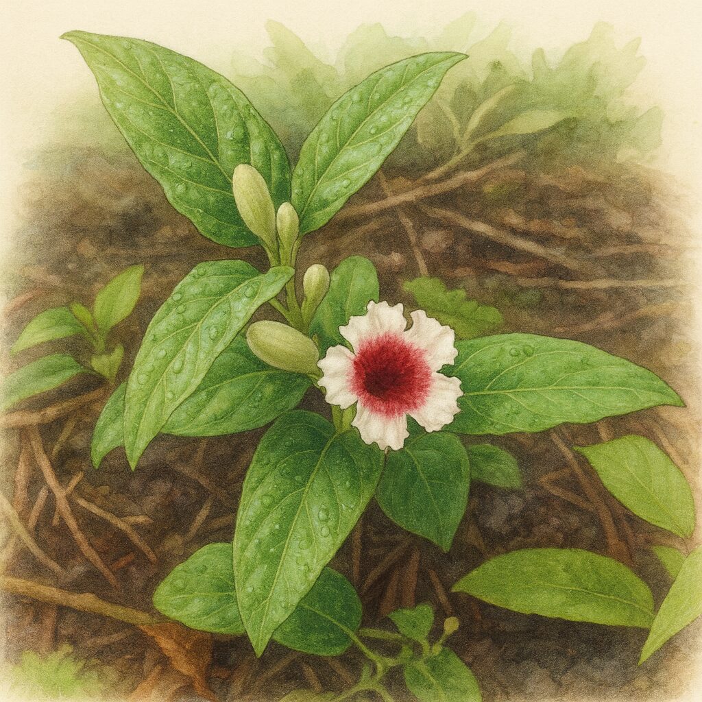 サオトメカズラの花と蕾を描いたボタニカルイラスト、白い花びらと深紅の中心、葉に滴る水滴がリアルに表現されている