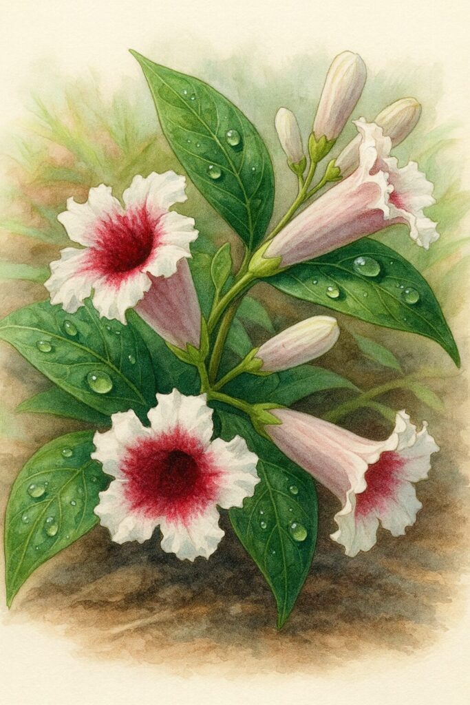 地面に咲くサオトメカズラの花を描いたボタニカルイラスト、白い花びらと深紅の中心、蕾と葉の質感が精密に表現されている