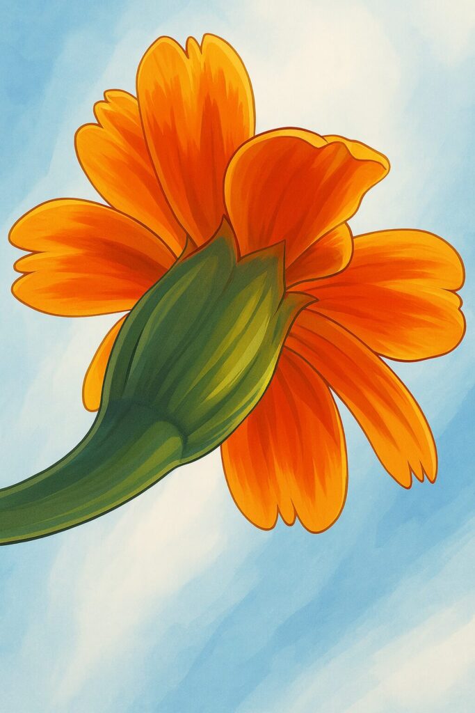 青空を背景に下から見上げたマリーゴールドのプロイラスト｜鮮やかなオレンジ色の花びらと緑の茎