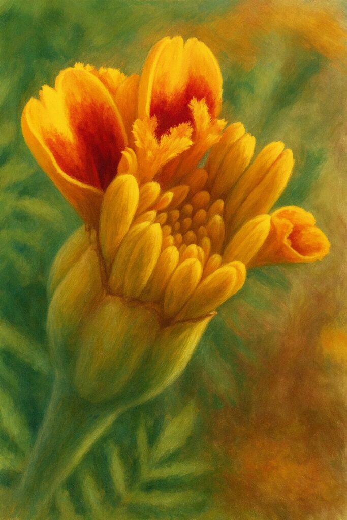 開花直前のマリーゴールドを描いたプロイラスト｜黄色と赤の花びらが美しく広がる瞬間