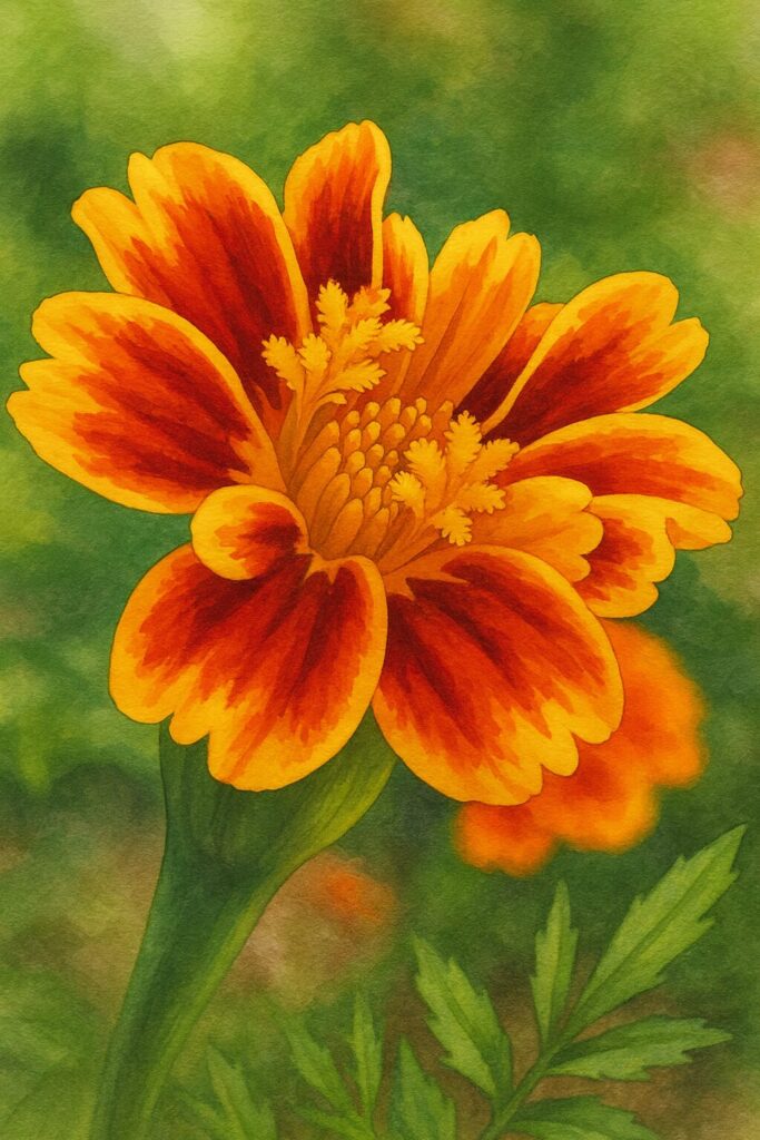 赤と黄色のコントラストが美しいマリーゴールドのプロイラスト｜鮮やかに咲くガーデニング用植物素材