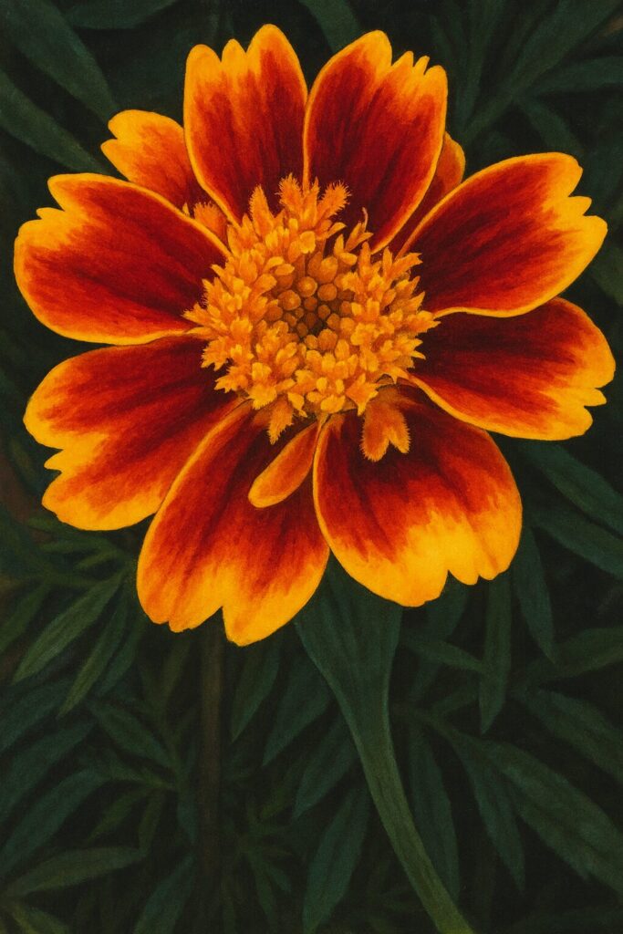 赤と黄色のコントラストが美しいマリーゴールドのプロイラスト｜細部まで描かれたガーデニング用素材