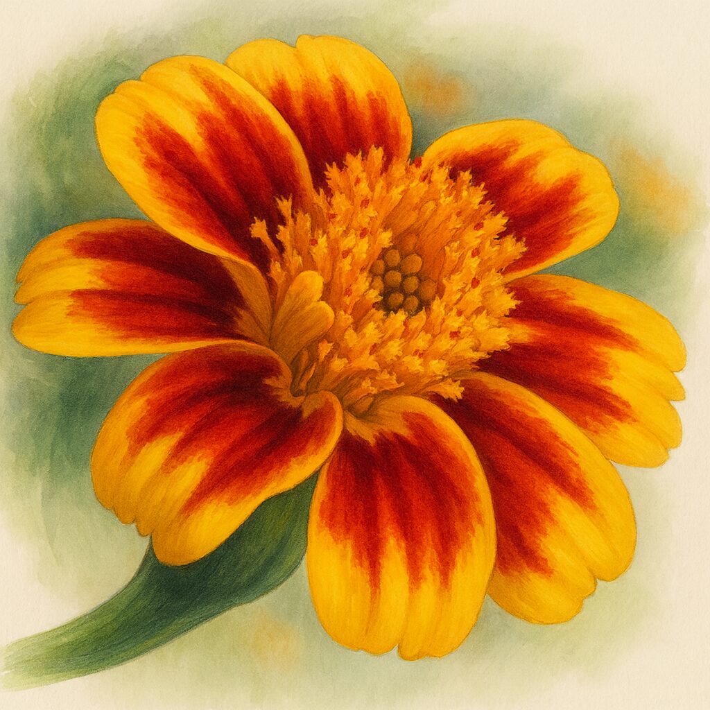 赤と黄色の花びらを繊細に描いたマリーゴールドのプロイラスト｜写実的な植物イラスト素材