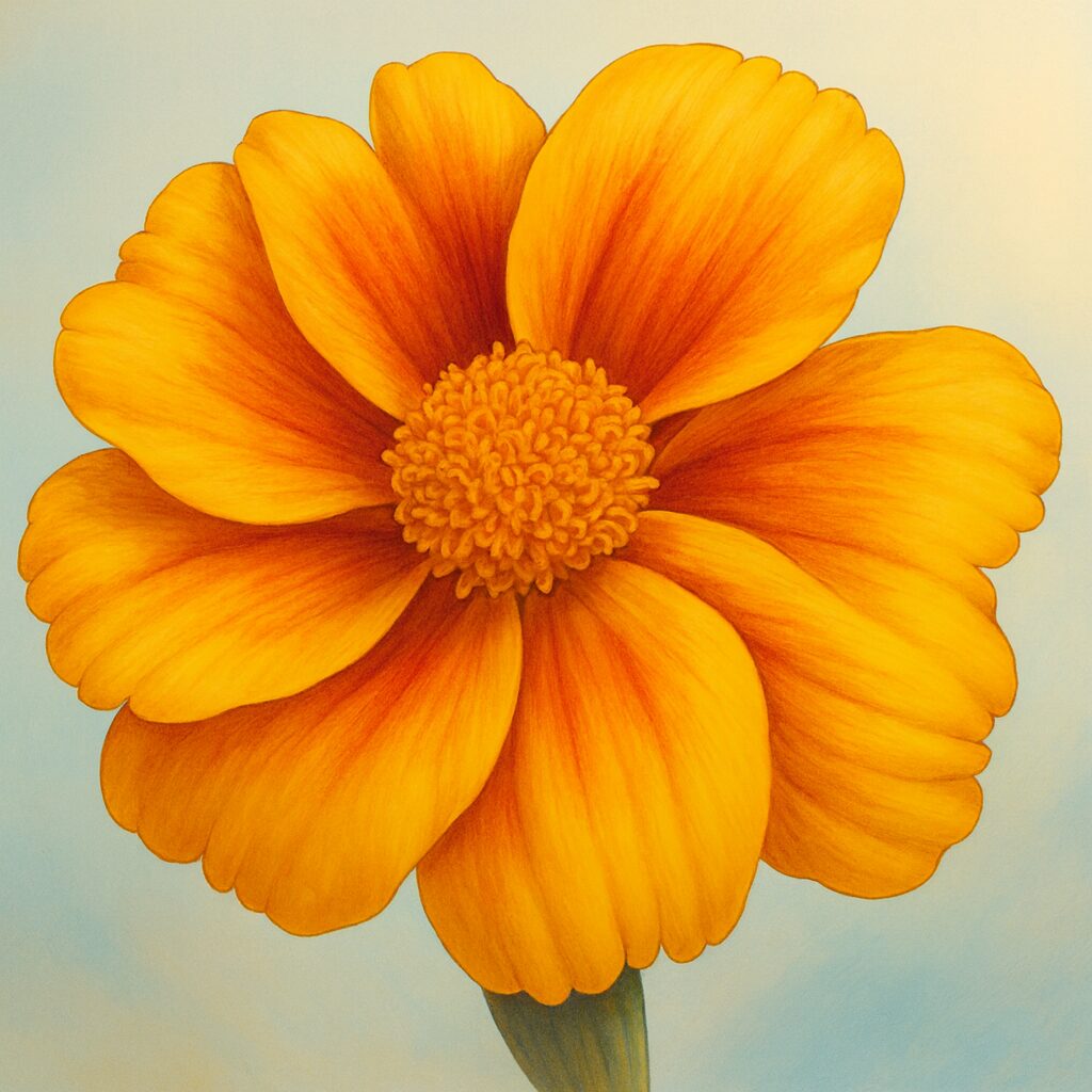 黄色とオレンジの花びらが美しいマリーゴールドのプロイラスト｜写実的に描かれた植物イラスト素材